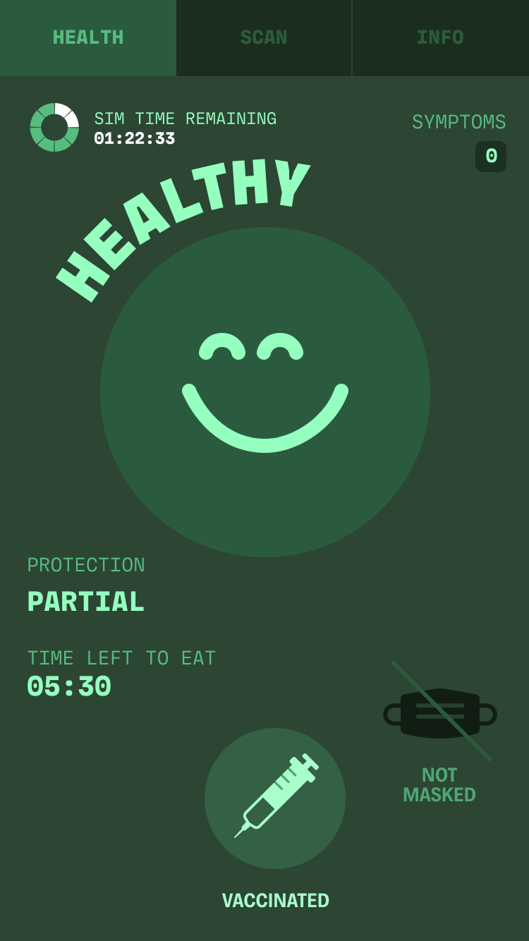 The mobile Operation Outbreak app, showing a healthy participant with partial protection (vaccinated but not masked).
