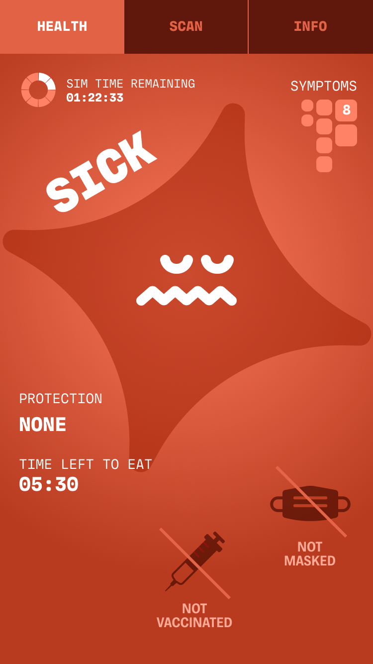The mobile Operation Outbreak app, showing a sick participant with no protection (no vaccine, no mask).