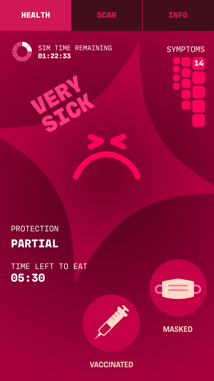 The mobile Operation Outbreak app, showing a very sick participant with partial protection (no vaccine but masked).