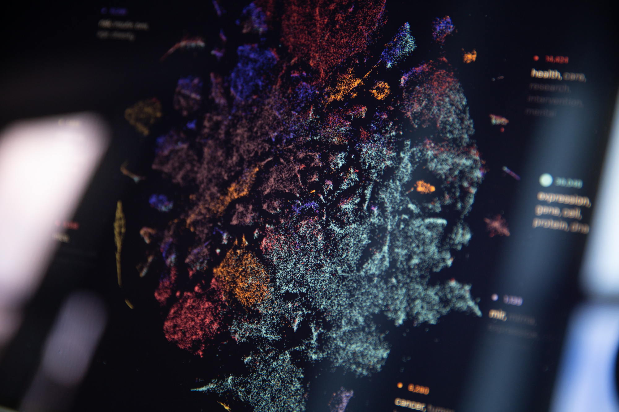 A close-up of Laniakea, an intricate galaxy of colored dots, clustered by their general topic.