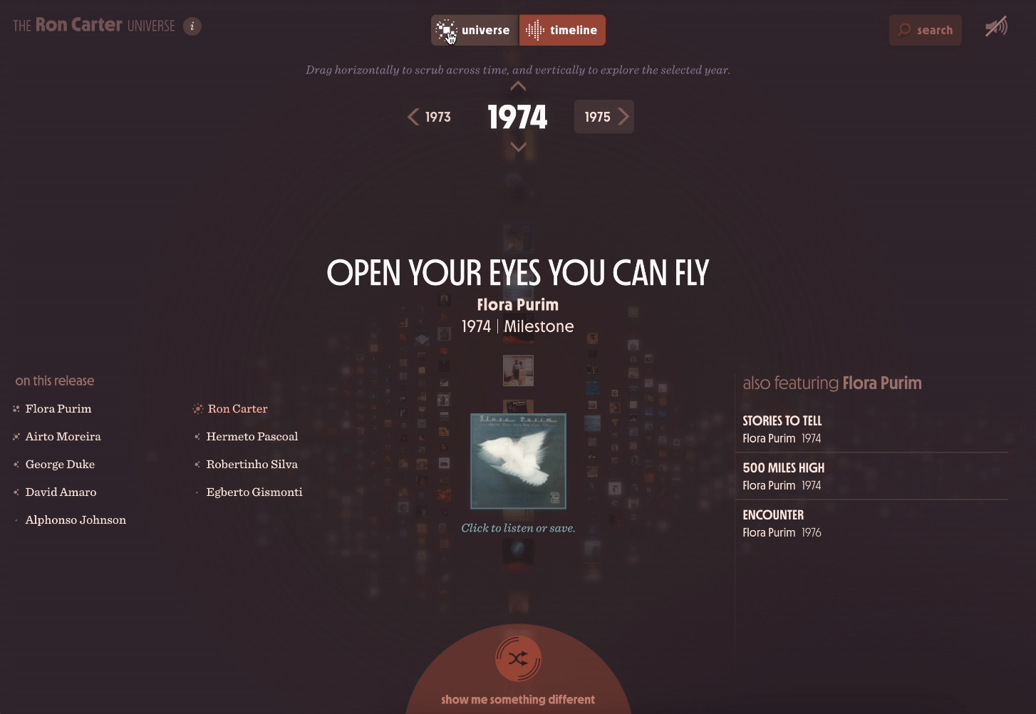 The Ron Carter Universe. On a muted purple background, an array of small record covers fly around the screen as the user inspects the record “Open Your Eyes You Can Fly” by Flora Purim, produced in 1974 by Milestone. At the edges of the screen are sections listing other personnel on this release, including musicians such as Airto Moreira and George Duke, and other records featuring Flora Purim, including “Stories to Tell” and “500 Miles High”.